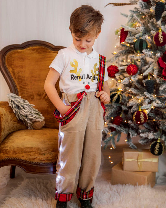 Led Pants, Cream - Elf Red with Adjustable Suspenders