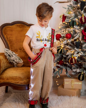 PANTALONI CU LED-uri, CREM - ROȘU, cu bretele ajustabile
