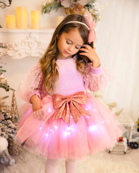 Fustița Roz, de Prințesă, cu Luminițe, Fundită Albă cu Sclipici