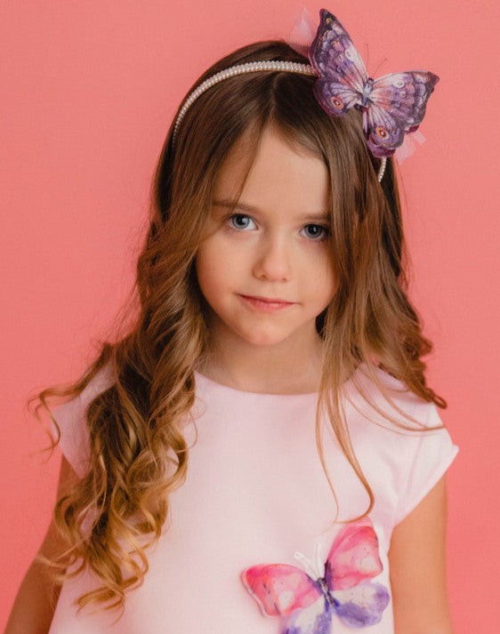 Bentiță cu Perle, Fluturaș 3D și Tulle Roz